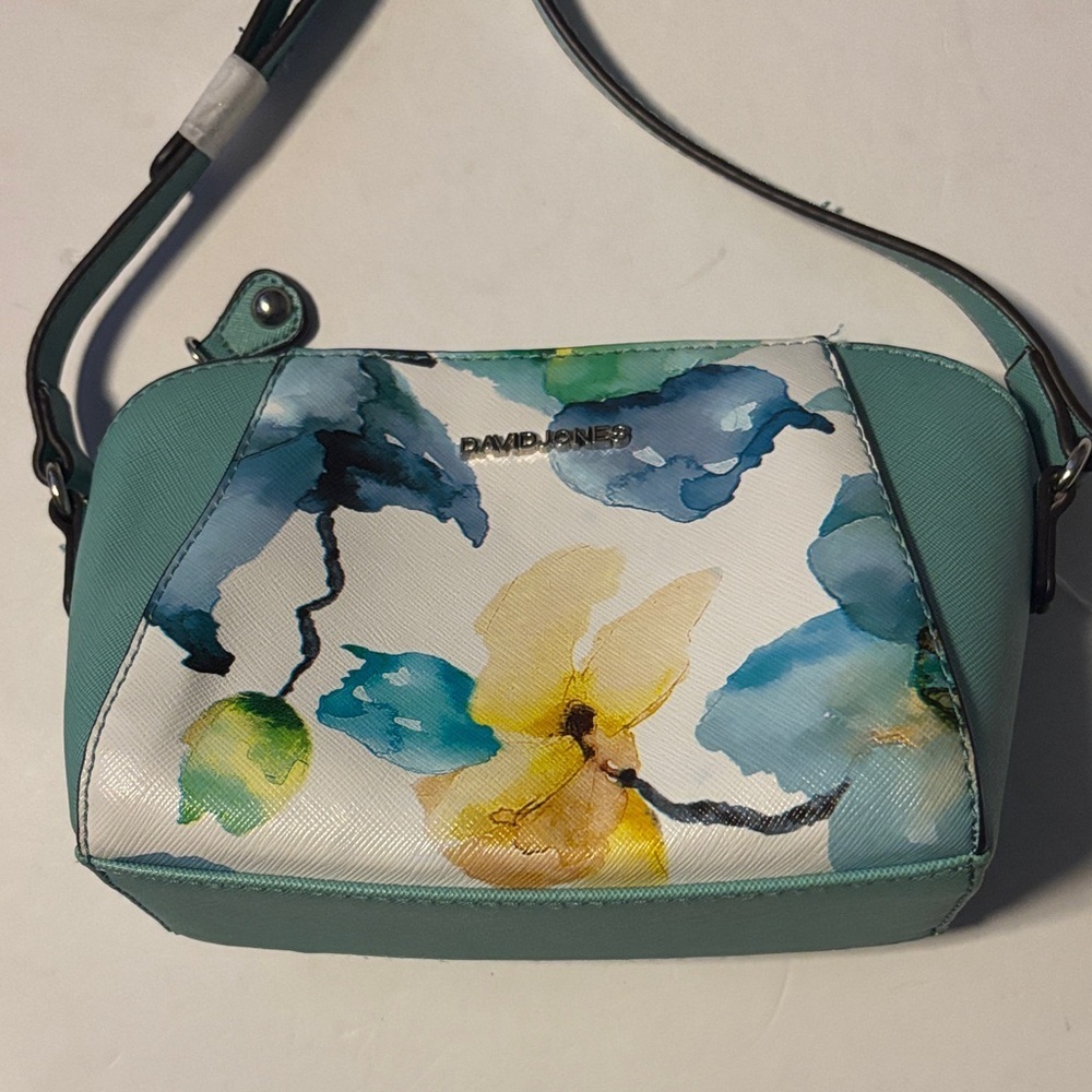 DAVID JONES BLUE GREEN TEAL COLOR FLORAL DESIGN VINYL MATERIAL ADJUSTABLE STRAP